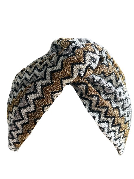 Missoni Knitted Hat, Strickturban, Zickzack-Schwarz-Gold-Silber